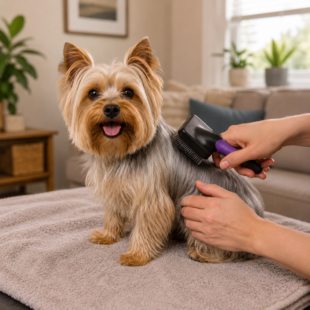 A Yorkshire Terrier having its coat brushed with a slicker brush on a towel at home